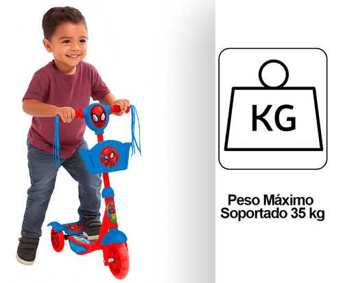 Monopatin Plegable Spidey + Kit Proteccion 3 Ruedas C/ Luces