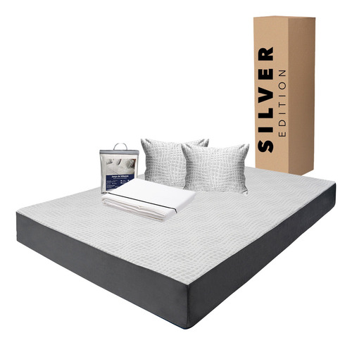 Colchón Queen Size En Caja 20 Cm + Juego Sábanas Y Almohada Blanco Y Gris