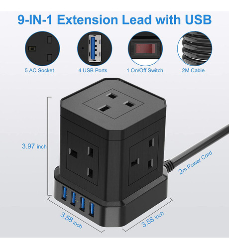 Cabo De Extensão Em Cubo Com Usb, Plugue De 5 Vias, 4 Usb, C