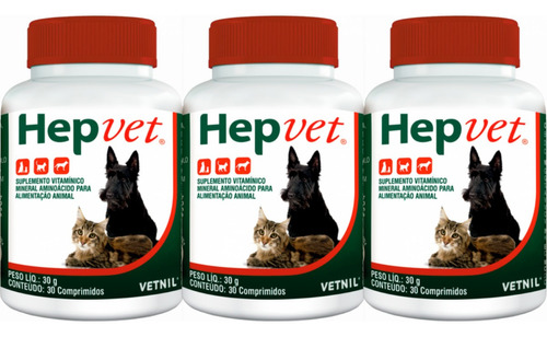 3 Hepvet Suplemento Hepático Cães Gatos 30 Comprimido Vetnil