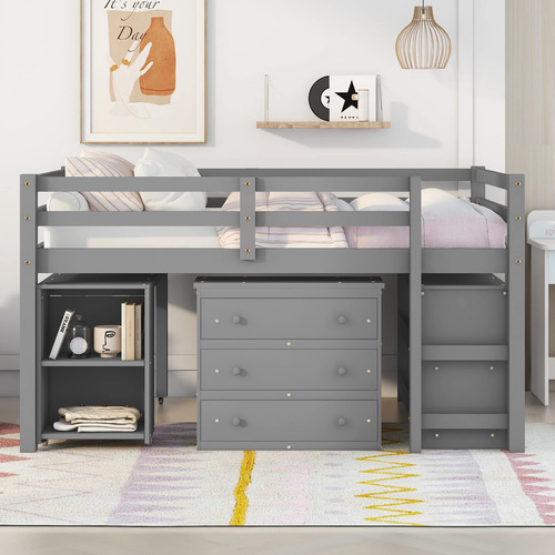 Base De Cama Baja De Madera Maciza De Tamaño Matrimonial Con Gris Puro. Nombre Del Diseño