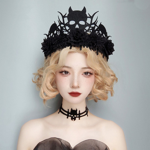 Tocado De Demonio Con Corona De Flores Negras, Diseño De Dea