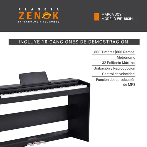 Piano Digital 88 Teclas Con Martillo De Peso Progresivo Teclado Eléctrico Musical Joy Wp883h Sensitivo 7 Octavas Con Mueble 3 Pedales - Negro