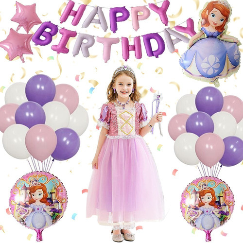 Conjunto De Vestido De Princesa Sofía De Rapunzel Para Cosplay - Vestido + Cumpleaños Globos + Varita Mágica Accesorios