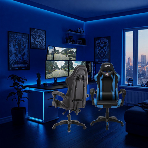Silla Gamer Reclinable Para Escritorio, Ergonomica Ajustable Azul Con Negro Cuero Sintético
