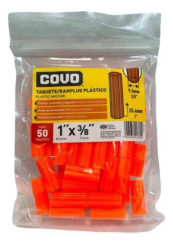 Ramplug Plastico 1''x3/8'' 50pzs Naranja Covo