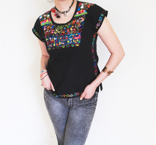 Blusa Top De Bordada Artesanal Negra De Algodón Talla M