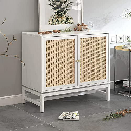 Gabinete Moderno Con Puertas De Ratán Natural, Blanco