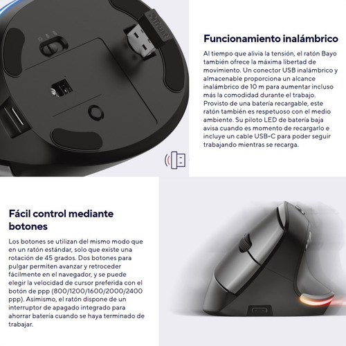 Imagen 3 de 10 de Mouse Vertical Ergonómico Inalámbrico Recargable Trust Bayo