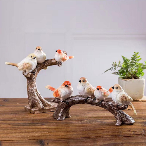 Artesanía De Pájaro En Rama, Escultura De 4 Pájaros