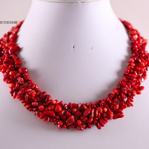 Collar De Coral Rojo Para Mujer, Cuentas De Chip D Plateado