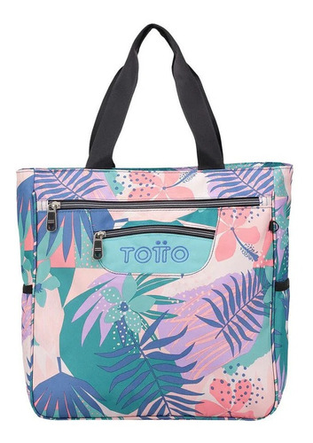 Bolsa shopper Totto Cutara diseño tropical  rosa y verde asas color  negro