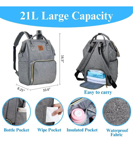 Mochila Para Pañales Impermeable Gran Capacidad Color Gris
