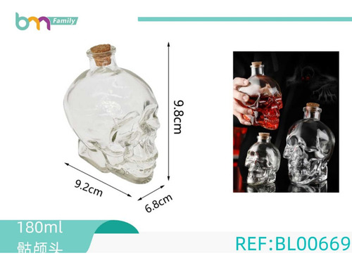 Pack 24 Botella Vidrio Forma De Calavera 180ml Tapa Corcho