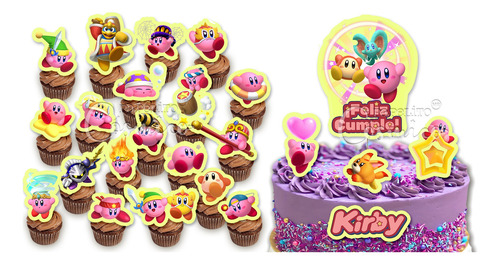 29 Cupcake Kirby Toppers Kit Fiesta Cumpleaños Pastel Kirby 0 Kirby