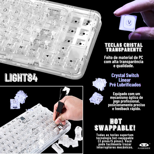 Teclado Mecânico Gamer Transparente Magegee Light84 Sem Fio 3 modos Wireless 2,4G Bluetooth e com fio Rgb Translucido Gasket switches pré lubrificados
