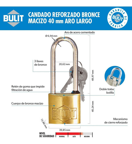 Candado Reforzado Doble Traba Aro Largo N° 40 Bulit