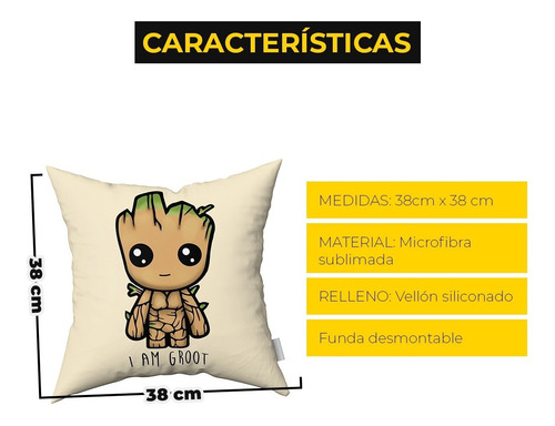 Imagen 3 de 3 de Almohadón Baby Groot Vellon Siliconado Desmontable 38x38