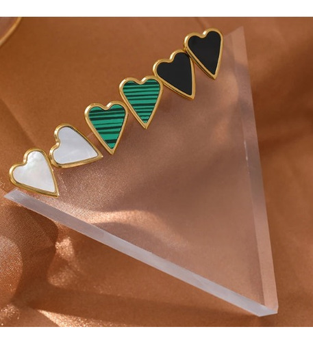 Aros Zarcillos Corazón Negro Acero Inoxidable Bañado En Oro