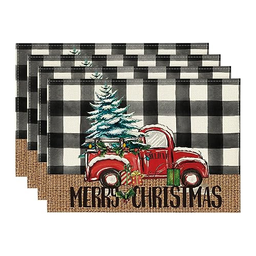 Buffalo Plaid Truck Merry Christmas Placemats Set Of 4,...