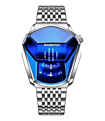 Reloj Binbond Plateado Con Azul Estilo Diamante Elegante