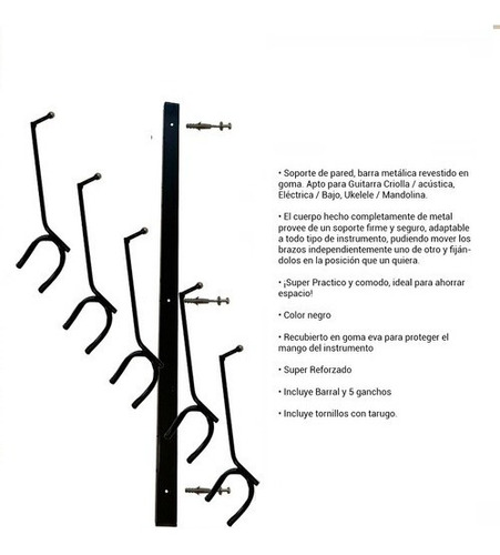 Imagen 2 de 10 de Soporte Pared Guitarra Bajo 5 Cinco Metalico Cuotas