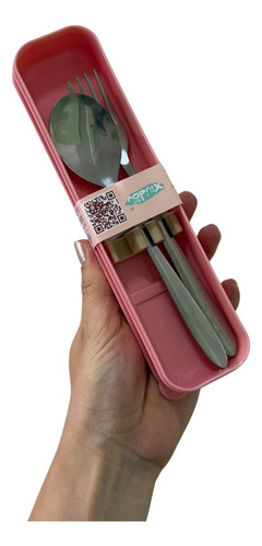 Set De Cubiertos Acero Con Estuche Vianda Colegio Oficina Color Rosa