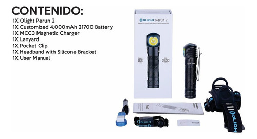 Linterna Olight Perun 2 Negra Recargable 2500 Lumenes Color de la linterna Negro Color de la luz Cool white