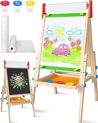 Caballete De Madera Para Niños Con 2 Rollos De Papel Dibujo