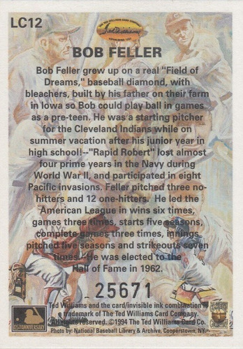 Mlb Bob Feller - Hall Fame 62 Indios De Cleveland - Lc12