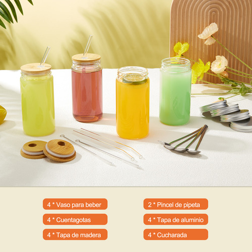 Vaso De Vidrio Con Tapas Y Popote Bambú Y Pajita Cuchara Tapa De Aluminio16oz 4 Pcs