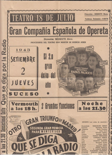 1943 Programa Teatro 18 De Julio Compañia Española Opereta
