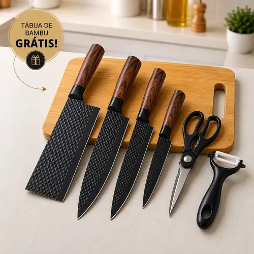 Jogo  De Facas 6 Peças Conjunto Faca Inox Preto Amadeirado Para Cozinha Churrasco Presente + Tabua Brinde Aquattro