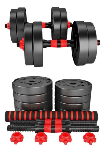 Set Kit Gym 2 Mancuernas + Barra + Discos + 4 Topes 10 Kg