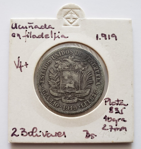 Moneda Venezuela 2 Bolívares 1919 Vf+ Plata