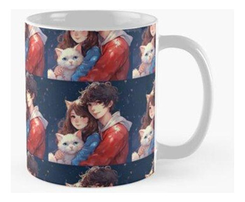 Taza X4 Una Pareja Y Su Gatito En Una Noche De Invierno Neva