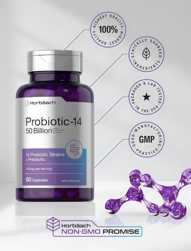 Probioticos 50 Billioncfu 14 + Prebiotic 60caps Horbaach Usa Sin Sabor