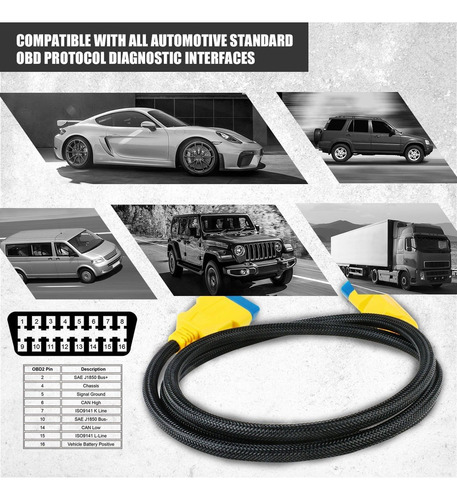 Autool Car Obd2 - Cable De Extensión De 16 Pines Macho A Hem