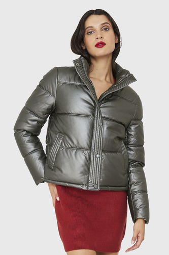 Parka Corta Tipo Ecocuero Gris Metálico Nicopoly