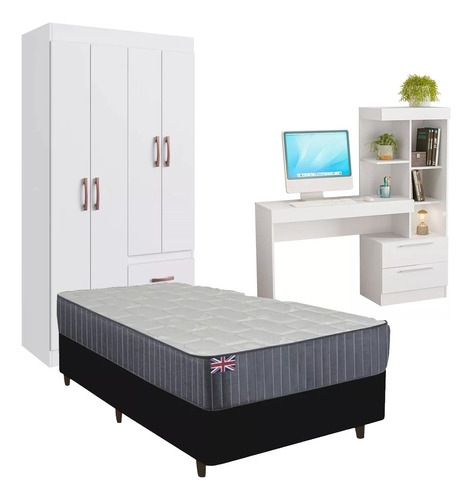 Combo Dormitorio Sommier 1 Plaza Ropero Escritorio Mesa Pc