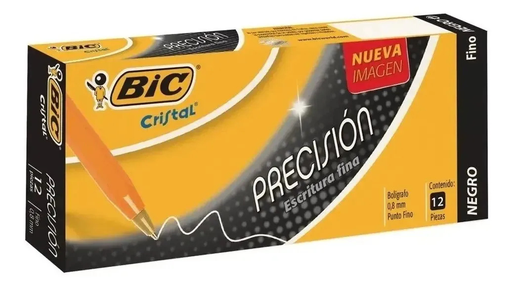 Boligrafo Pluma Bic Cristal Punto Fino C/12 Piezas Tinta Negro Exterior Amarillo