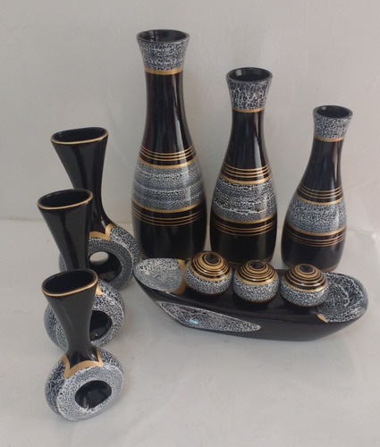 Imagem 1 de 1 de Conjunto Cerâmica Jogo Trio Vasos Redondo & Furo + Barca