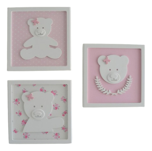 Trio Quadros Enfeite Ursa Decoracao Quarto Menina Promoção