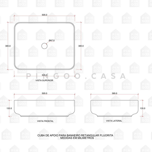 Cuba de apoio slim retangular para banheiro cerâmica 50.5 x 39.5cm fluorita branco Pingoo.casa
