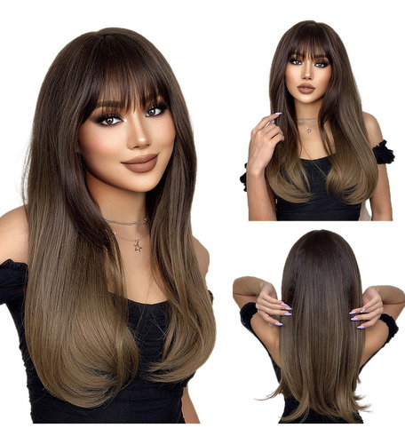 ** Peluca Cabello Natural Larga Marrón Para Mujer Con
