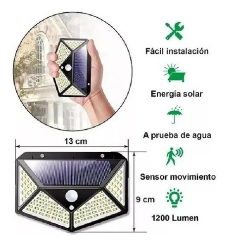 Imagen 6 de 9 de Foco Con Sensor Movimiento Foco Led Solar Exterior 100 Leds