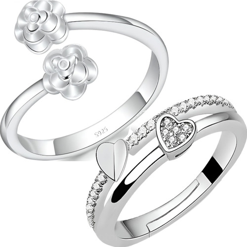 2 Anillos Ajustable Plata 925 Mujer Corazón Flor Regalo