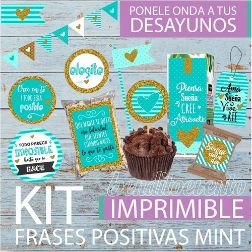 Kit Imprimible Desayuno Frases Positivas  Mint Mujer Tag 