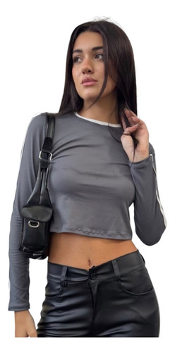 Top Remera Manga Larga Bordo Mujer Adolescente Crop