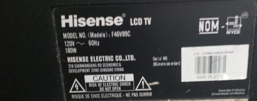 Tarjeta Fuente De Poder Hisense Lcd 46 Plg Modelo F46v89c (Usado)